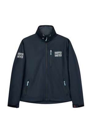 Chaqueta cortavientos de la marina hecha de tela ligera, con bolsillos con cremallera, texto bordado y acentos de cremallera en contraste.
