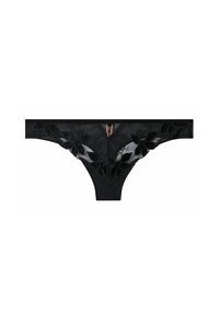 String en dentelle noire avec broderie florale, doté d'un ornement en métal central. Texture de tissu lisse, design minimaliste et bretelles latérales.