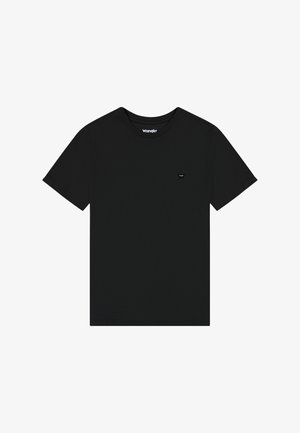 Zwarte crewneck t-shirt gemaakt van katoen. Voorzien van korte mouwen en een klein zwart logo op de linkerkant van de borst. Gladde textuur.