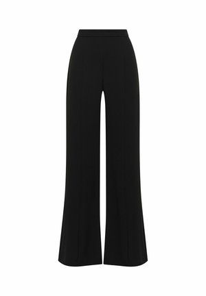 Pantalon noir à jambes larges avec taille haute, coupe ajustée, devant plat et texture lisse, adapté pour une tenue formelle ou décontractée.