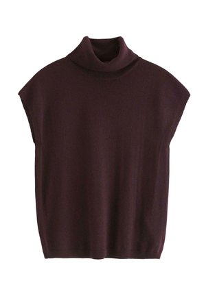 Maglione senza maniche di colore viola scuro, lavorato a maglia, con colletto alto a dolcevita e orlo a coste, esposto su uno sfondo bianco.