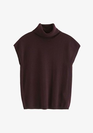 Maglione senza maniche di colore viola scuro, lavorato a maglia, con colletto alto a dolcevita e orlo a coste, esposto su uno sfondo bianco.