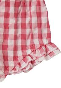Red and white gingham print fabric with a ruffled hem. The texture appears soft, featuring small checks and a delicate lace trim.