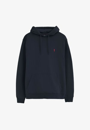 Sudadera con capucha azul marino con bolsillo tipo canguro en la parte delantera y pequeño logo de golfista rojo en el pecho, cordones en la capucha, puños y dobladillo acanalados.