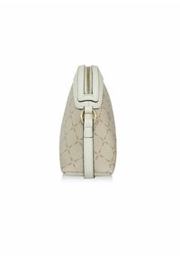 Beżowa torebka o strukturalnym kształcie, z teksturowanej tkaniny i skórzanymi akcentami. Posiada zamek błyskawiczny na górze i złote detale.