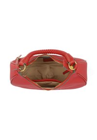Red leather handbag with a braided handle and gold zipper, featuring a beige fabric interior. The shape is rectangular with rounded edges.