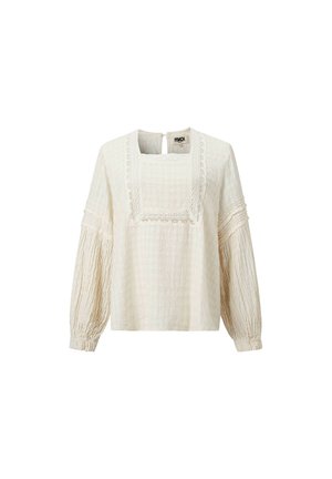 Crèmekleurige blouse met lange mouwen, textuurstof, vierkante halslijn met kanten rand, geplooide mouwen en knoopsluiting aan de achterkant.