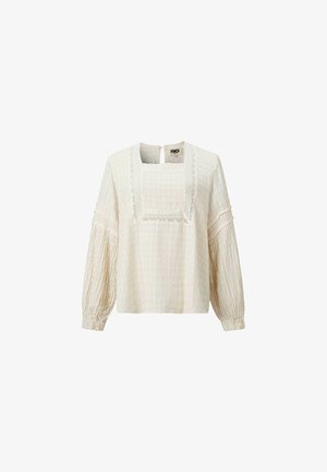 Crèmekleurige blouse met lange mouwen, textuurstof, vierkante halslijn met kanten rand, geplooide mouwen en knoopsluiting aan de achterkant.