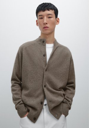 Cardigan marrone, texturizzato, con colletto alto, caratterizzato da bottoni scuri lungo la parte anteriore e polsini a coste. Indossato su una camicia bianca.