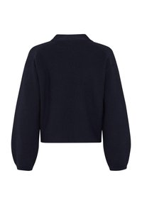 Pull en maille bleu marine foncé à manches longues avec une texture côtelée et un col, vu de dos.