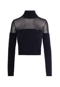 Marinblauer, taillierter Pullover mit hohem Rollkragen, der transparente Mesh-Ärmel und eine flauschige Textur aufweist, akzentuiert durch ein kleines Emblem.