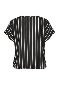 Blouse noire à manches courtes avec des rayures verticales blanches et une coupe ample et carrée vue de dos.