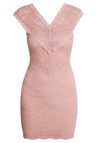 Robe en dentelle rose avec un décolleté en V, motif floral, manches courtes, et une silhouette ajustée, présentant des bords festonnés le long de l'encolure et de l'ourlet.