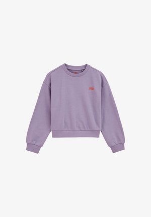 Lavenderfarbene, verkürzte Sweatshirt mit gerippten Bündchen und Saum, mit einem orangefarbenen, gestickten Logo auf der linken Brust. Weicher Stoff.