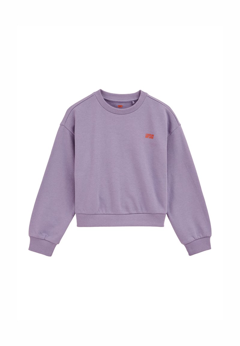 Sweatshirt court lavande avec des poignets et un ourlet côtelés, arborant un logo orange brodé sur la poitrine gauche. Texture de tissu douce.