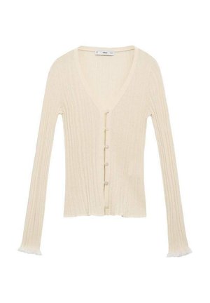 Crèmekleurige geribbelde cardigan met lange mouwen, V-hals, knoopsluiting aan de voorkant en subtiele gerafelde zoom aan de mouwuiteinden. Gemaakt van zacht breiwerk.