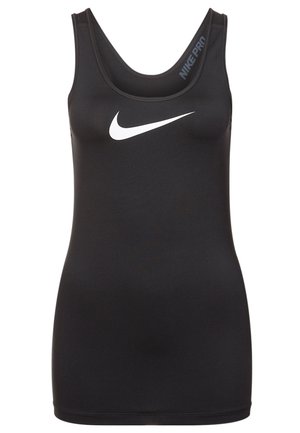 Schwarzes ärmelloses Sport-Top mit weißem Nike-Swoosh-Logo in der Mitte der Brust und dem Schriftzug „Nike Pro“ am Halsausschnitt.