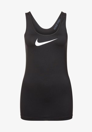 Débardeur sportif noir sans manches avec logo Nike swoosh blanc centré sur la poitrine et texte "Nike Pro" à l'intérieur de l'encolure.