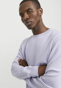 Lila sweatshirt met geribbelde manchetten en halslijn; gemaakt van zacht stof, met een relaxte pasvorm en een gladde textuur.