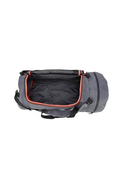 Borsa a tracolla grigia con forma cilindrica, dotata di un interno nero, bordi arancioni e doppie maniglie. Realizzata in materiale resistente.