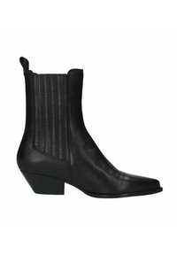 Bottines noires en cuir avec un bout pointu et un petit talon empilé. Présente des panneaux élastiques verticaux sur les côtés pour un enfilage facile.