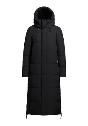 Dolga črna puhovka z quiltanim dizajnom, visokim ovratnikom, nastavljivo kapuco in zadrgama na straneh, izdelana iz mehkega in trpežnega materiala.