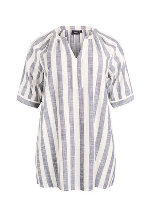 Leinenbluse mit kurzen Ärmeln, vertikalen marineblauen und weißen Streifen, weiter Passform und einem halb geöffneten Ausschnitt mit Raffungsdetails.