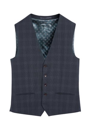 Chaleco de hombre color azul marino con un sutil patrón de cuadros, cuatro botones delanteros, dos bolsillos delanteros tipo ojal y forro de satén estampado.