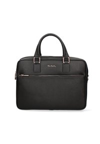 Borsa per laptop nera con doppi manici superiori, tasca frontale con zip e materiale sintetico a texture liscia. Presenta dettagli in metallo di colore argentato.