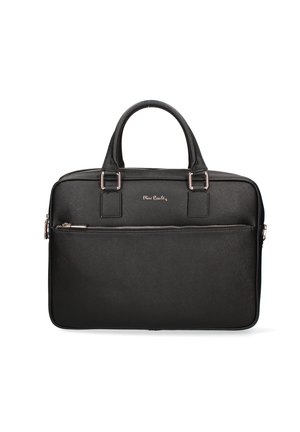 Black laptop bag with dual top handles, zippered front pocket, and smooth textured synthetic material. Features silver-tone hardware accents.