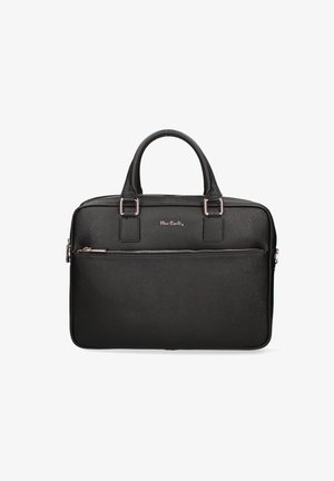 Schwarze Laptoptasche mit doppelten Obergriffen, einem Reißverschlusstaschen auf der Vorderseite und glattem, strukturiertem synthetischem Material. Verfügt über silberfarbene hardware Akzente.