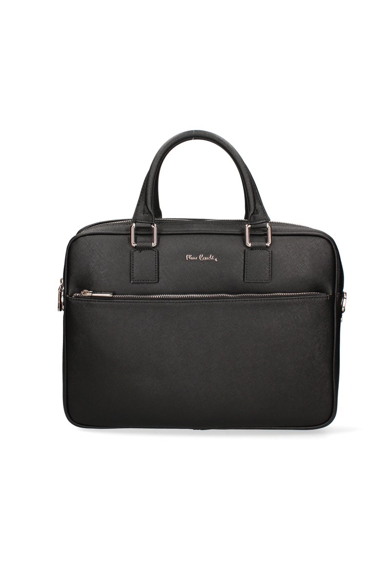 Borsa per laptop nera con doppi manici superiori, tasca frontale con zip e materiale sintetico a texture liscia. Presenta dettagli in metallo di colore argentato.