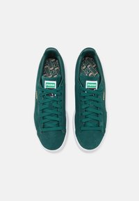 Zelené semišové tenisky s bílými gumovými podešvemi, rovnými tkaničkami a polstrovanými límci. Obsahují nášivku s logem a vzorované stélky.