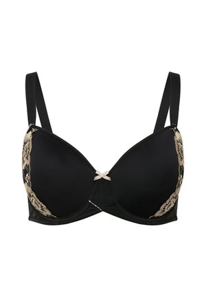 Soutien-gorge imbottito nero con dettagli in pizzo sui lati, spalline in raso e un piccolo fiocco decorativo al centro. Texture liscia in tutto il capo.