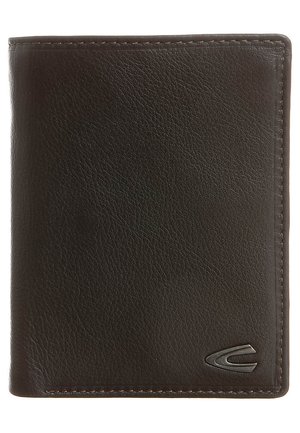 Portefeuille en cuir marron foncé avec une texture lisse, de forme rectangulaire et un logo discret en bas à droite.