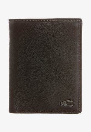 Dark brown leather wallet with a smooth texture, rectangular shape, and a subtle logo accent on the bottom right corner.