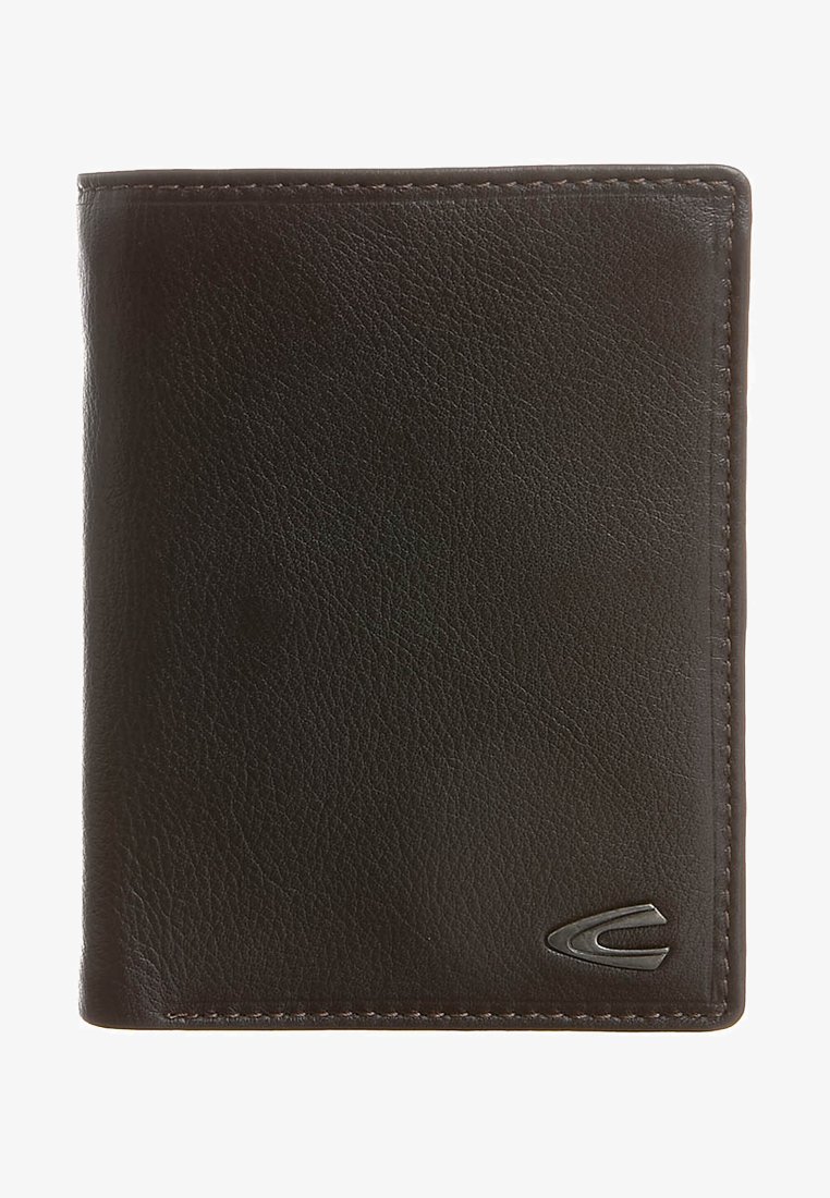 Dark brown leather wallet with a smooth texture, rectangular shape, and a subtle logo accent on the bottom right corner.