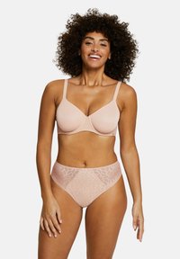 Light pink bra with smooth cups and adjustable straps, paired with high-waisted panties featuring a floral lace pattern.