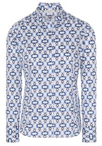 Bílá košile na knoflíky s modrým a námořnickým vzorem řetízku. Dlouhé rukávy a zaoblený lem, vyrobená z lehké tkaniny.