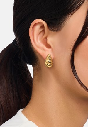 Ohrhänger mit Goldton, gestaltet wie eine Spiralschale, mit glatter Textur und abgerundeter Form, an einem durchstochenen Ohr getragen.