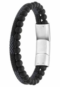 Zwarte kralenarmband met een geweven textielband, voorzien van een metalen sluiting. Het ontwerp omvat gladde, ronde kralen en getextureerde elementen.
