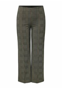 Pantalons à carreaux gris avec des accents orange et vert, dotés d'une taille haute, de jambes larges et d'une texture lisse. Adaptés à diverses occasions.