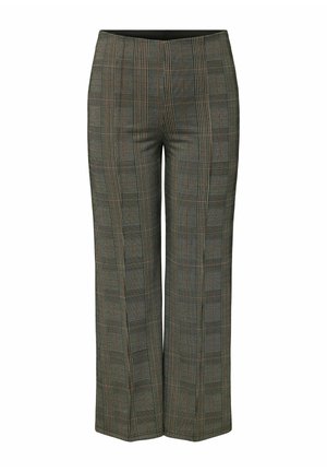 Karierte Hose in Grau mit orangen und grünen Akzenten, mit hohem Bund, weitem Bein und glatter Textur. Geeignet für verschiedene Anlässe.