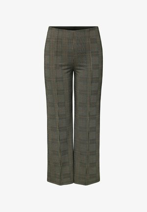 Prugaste hlače u sivoj boji s narančastim i zelenim naglascima, visokog struka, širokih nogavica i glatke teksture. Pogodne za razne prilike.