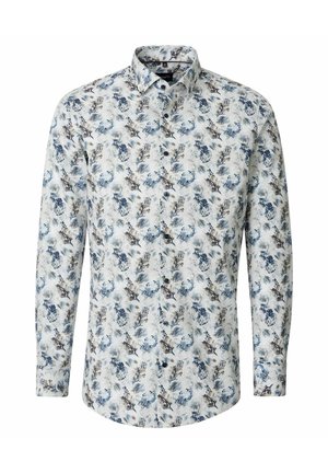 Langärmliges Hemd mit Knopfleiste, weißem Hintergrund und blau-braunem Blumenmuster, mit klassischem Kragen.