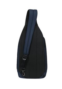 Borsa a tracolla caratterizzata da una combinazione di colori blu scuro e nero, realizzata in tessuto testurizzato con un pannello in rete traspirante e una tracolla regolabile.