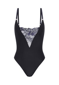 Czarny jednoczęściowy kostium kąpielowy z głębokim dekoltem w kształcie litery V, z atłasowym koronkowym zdobieniem w kolorze granatowym na biuście, regulowanymi ramiączkami i bezszwowym wykończeniem.