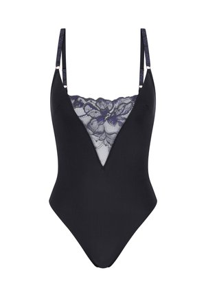 Black one-piece swimsuit with a deep V-neckline, featuring floral lace detail in navy at the bust, adjustable straps, and seamless design.