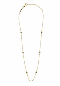 Goldkette mit herzförmigen Perlen, ausgestattet mit einem zarten Gliederdesign und einem sicheren Verschluss. Glänzende Oberfläche und leichte Textur.