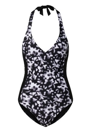 Maillot de bain une pièce noir et blanc à motif floral, col halter avec un profond décolleté en V et des accents sur les panneaux latéraux.